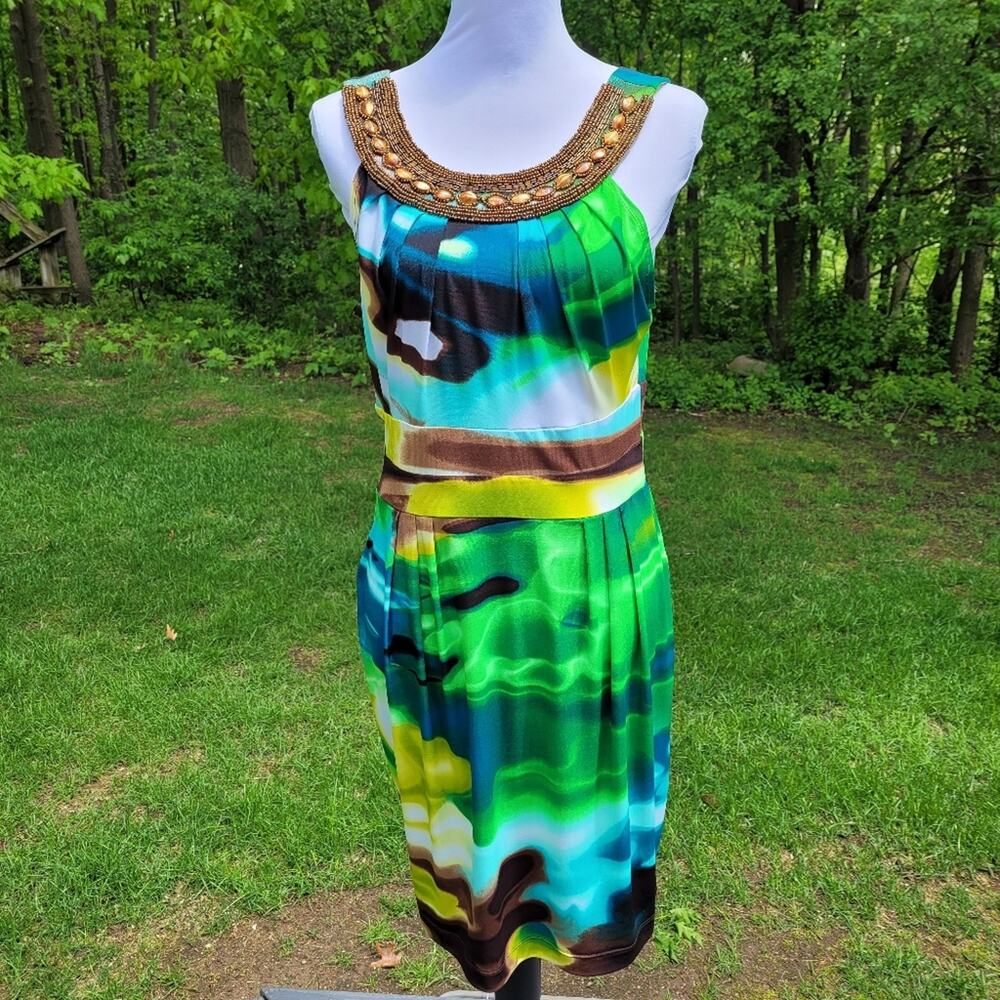Bisou Bisou Blue & Green Watercolor Dress w/ Copper Embellished Neckline size 14 - Picture 8 of 12